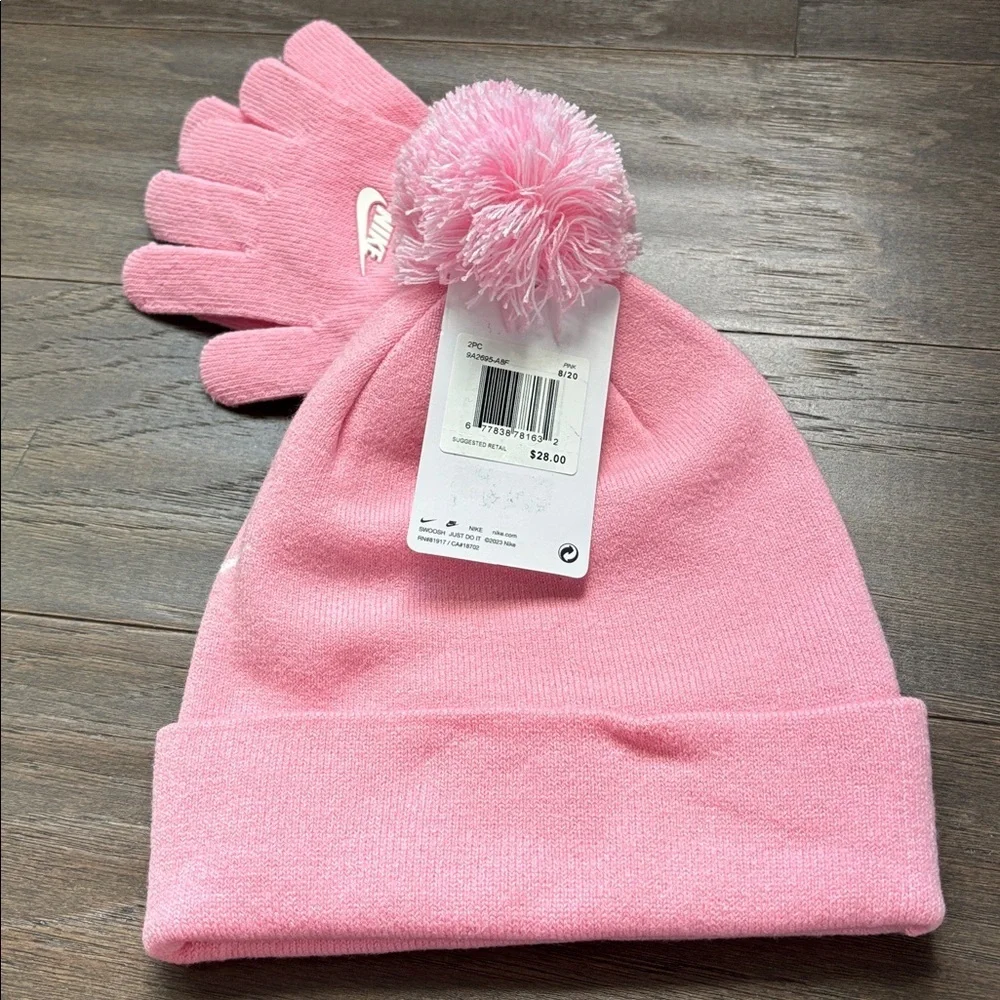 Nike 2 pc.Pom Pom Knit Beanie/Glove set,stretch,Nike & SWOOSH logo graphic